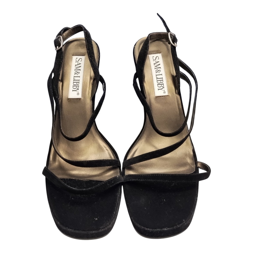Sam & Libby Strappy Heels Womens Size 10M‎ Black Leather Sole Ankle Buckle Strap
